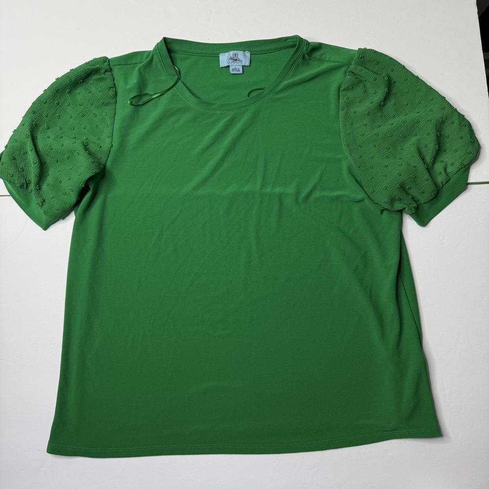 CeCe Shirt Womens Large Green Puff Sleeve Textured Dot Mesh Accents Blouse Top